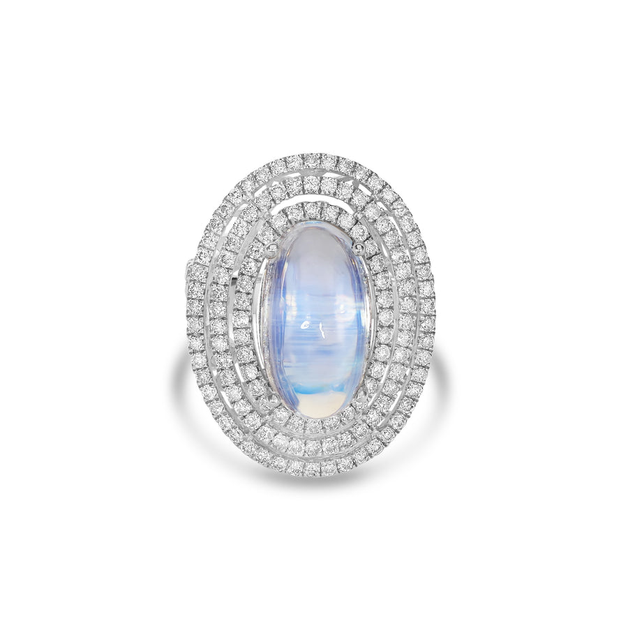 9.50 Cts Moonstone and White Diamond Ring in 14K White Gold