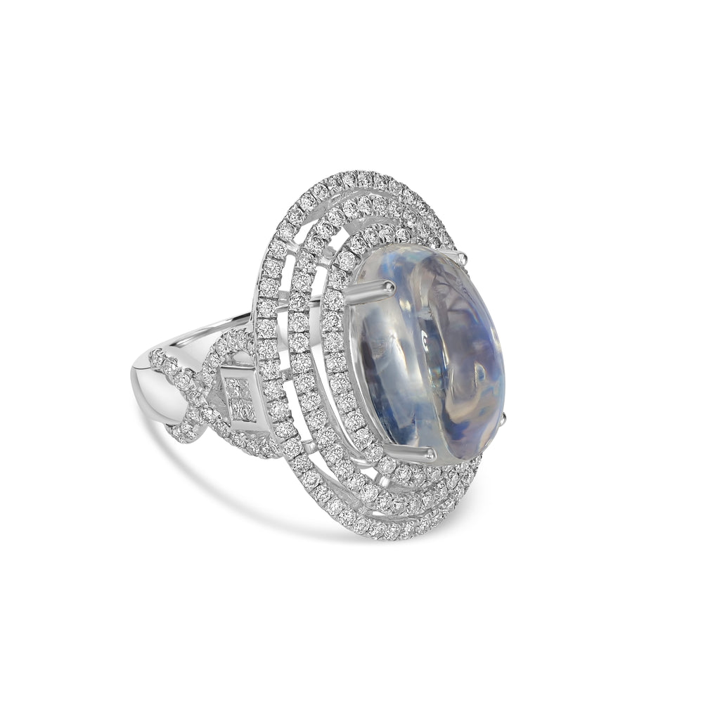 9.50 Cts Moonstone and White Diamond Ring in 14K White Gold