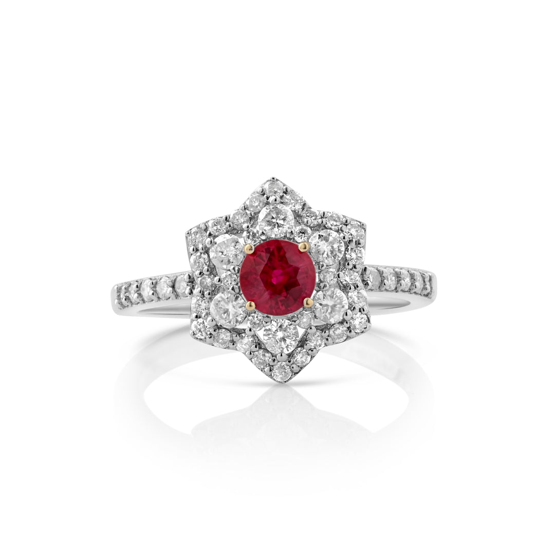0.67 Cts Ruby and White Diamond Ring in 14K White Gold