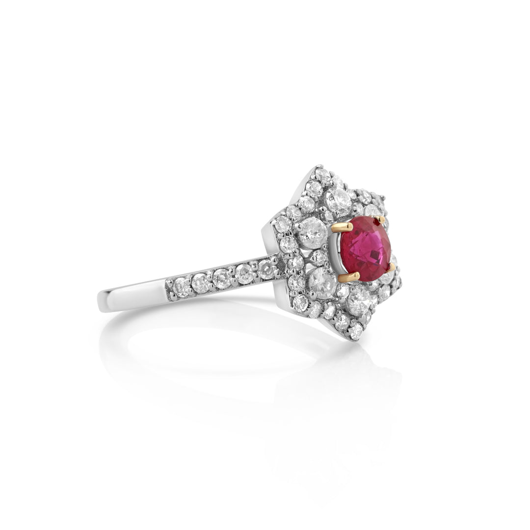 0.67 Cts Ruby and White Diamond Ring in 14K White Gold