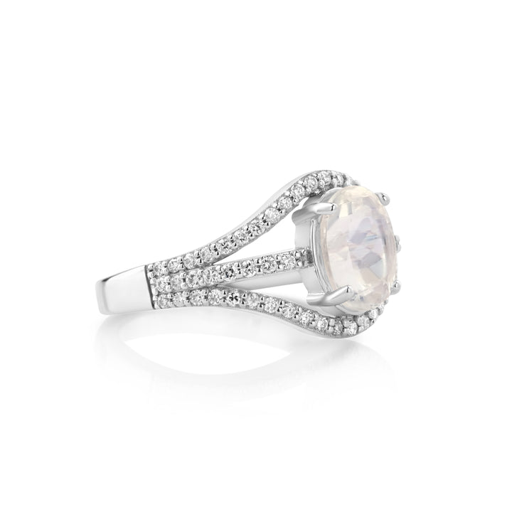 2.2 Cts Moonstone and White Diamond Ring in 14K White Gold