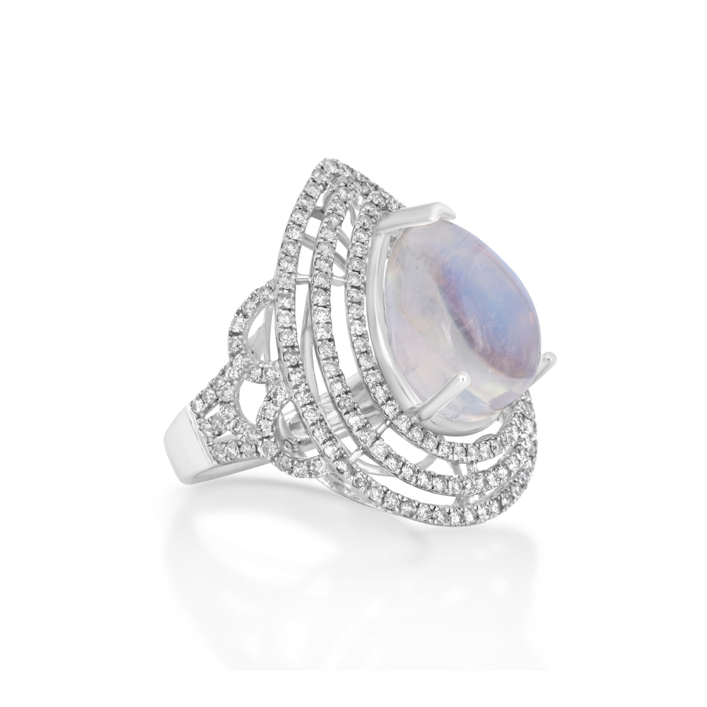 9.91 Cts Moonstone and White Diamond Ring in 14K White Gold
