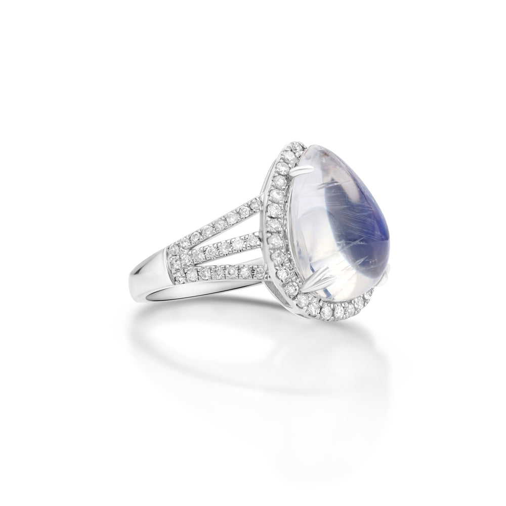 6.3 Cts Moonstone and White Diamond Ring in 14K White Gold