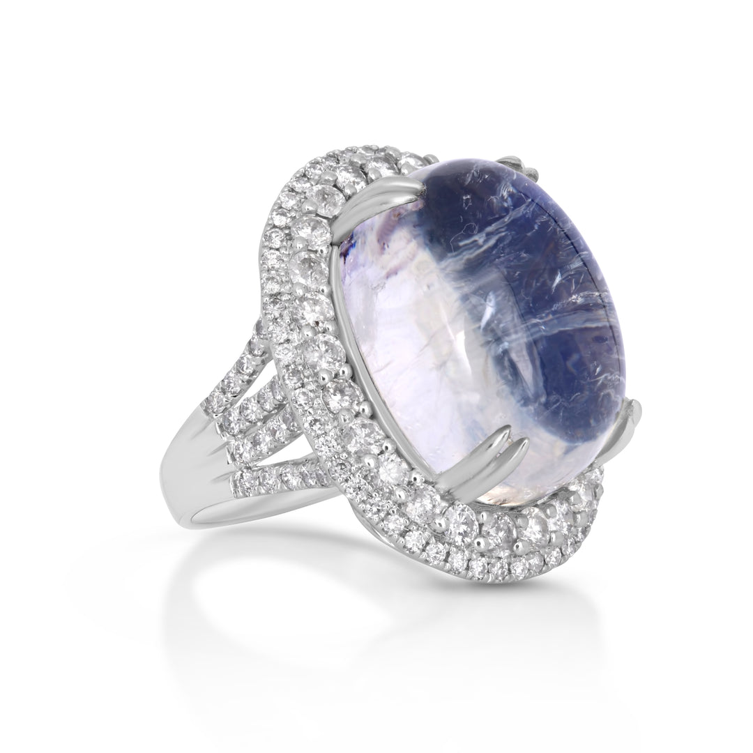 33.02 Cts Moonstone and White Diamond Ring in 18K White Gold