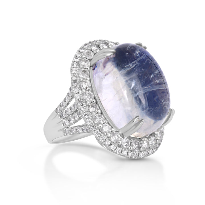 33.02 Cts Moonstone and White Diamond Ring in 18K White Gold