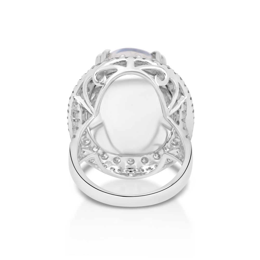 33.02 Cts Moonstone and White Diamond Ring in 18K White Gold