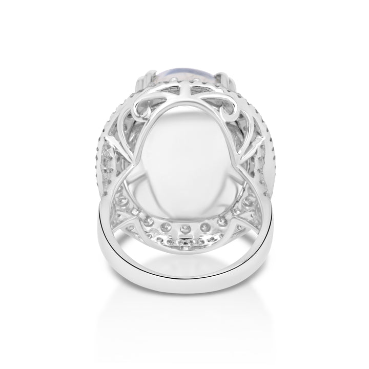 33.02 Cts Moonstone and White Diamond Ring in 18K White Gold