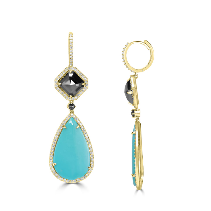 21.50 Cts Turquoise Dangle Earring with Diamond in 14K Yellow Gold