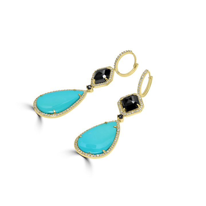 21.50 Cts Turquoise Dangle Earring with Diamond in 14K Yellow Gold