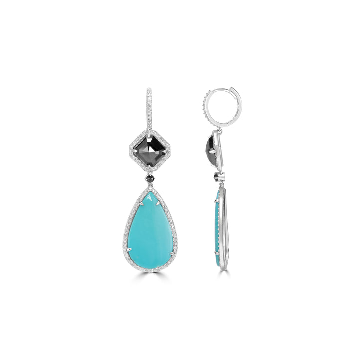 21.50 Cts Turquoise Dangle Earring with Diamond in 14K White Gold