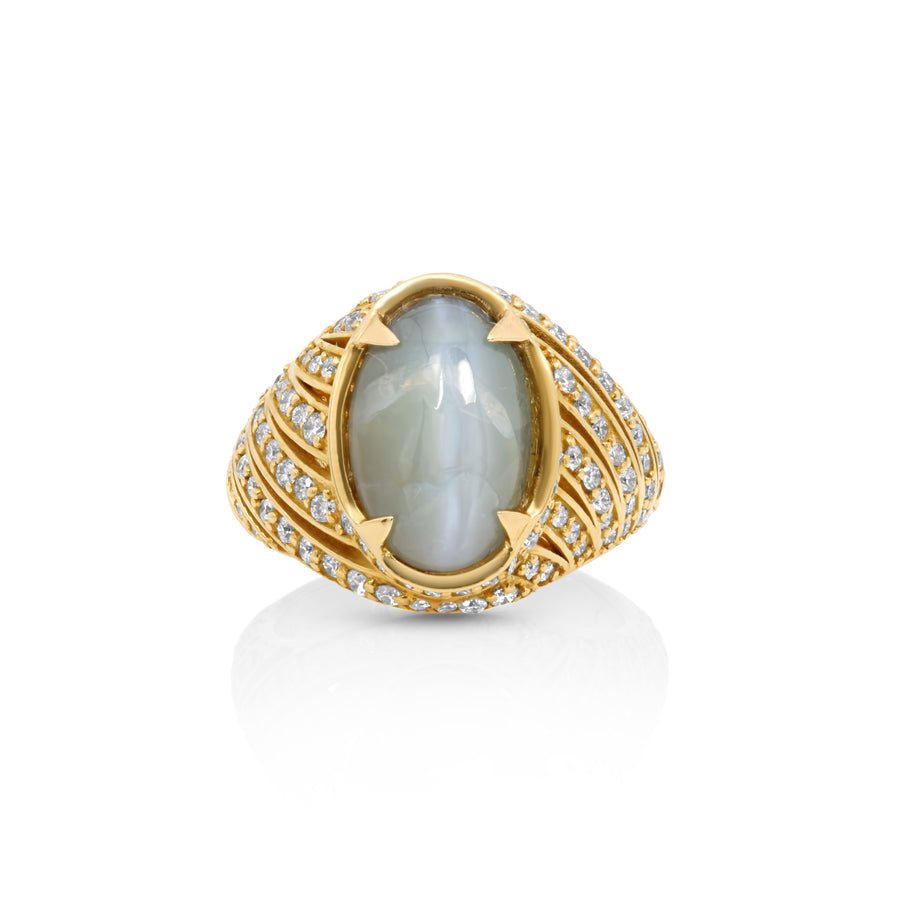 9.2 Cts Chrysoberyl and White Diamond Ring in 14K Yellow Gold