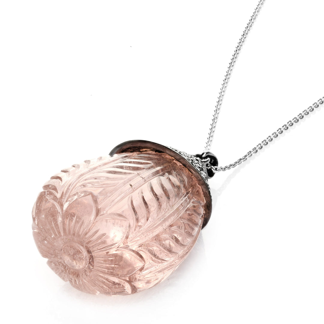 135.70 Cts Morganite and Black Diamond Pendant in 14K Two Tone