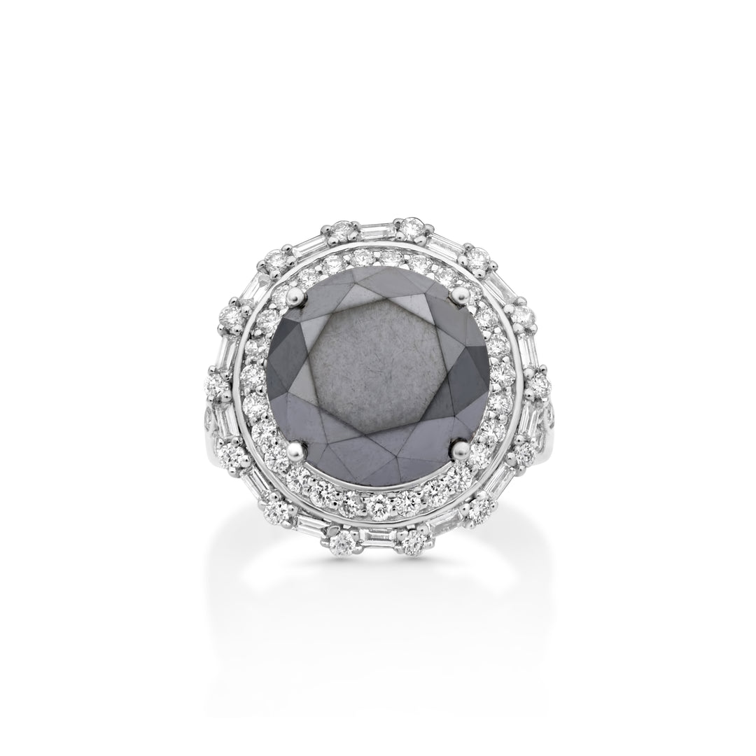 9.69 Cts Black Diamond and White Diamond Ring in 14K White Gold