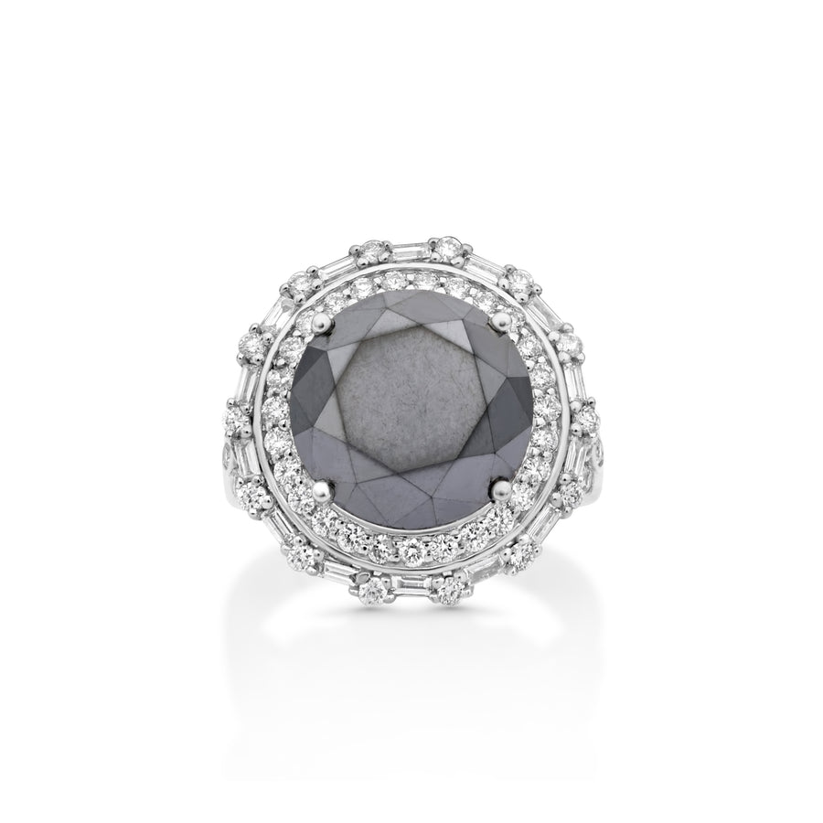 9.69 Cts Black Diamond and White Diamond Ring in 14K White Gold