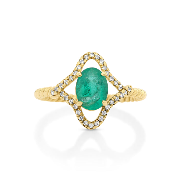 1.07 Cts Emerald and White Diamond Ring in 14K Yellow Gold