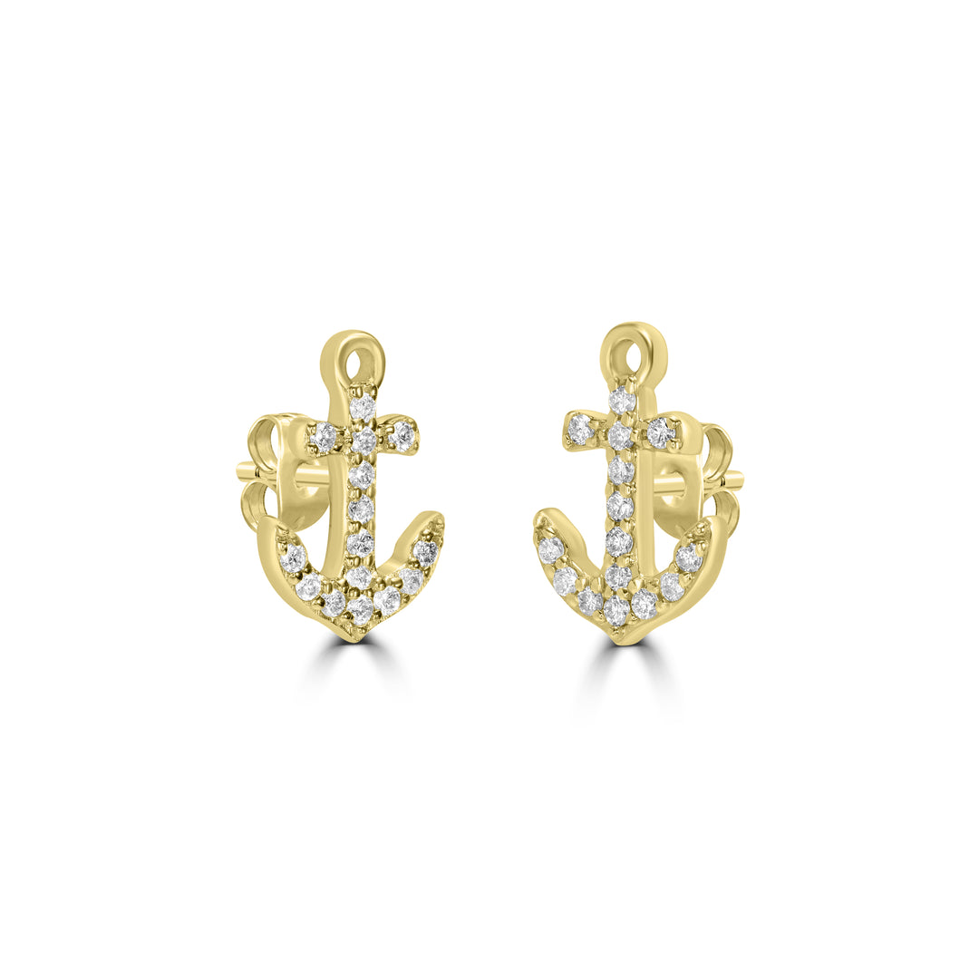 0.13 Cts White Diamond ANCHOR Earring in 14K Yellow Gold