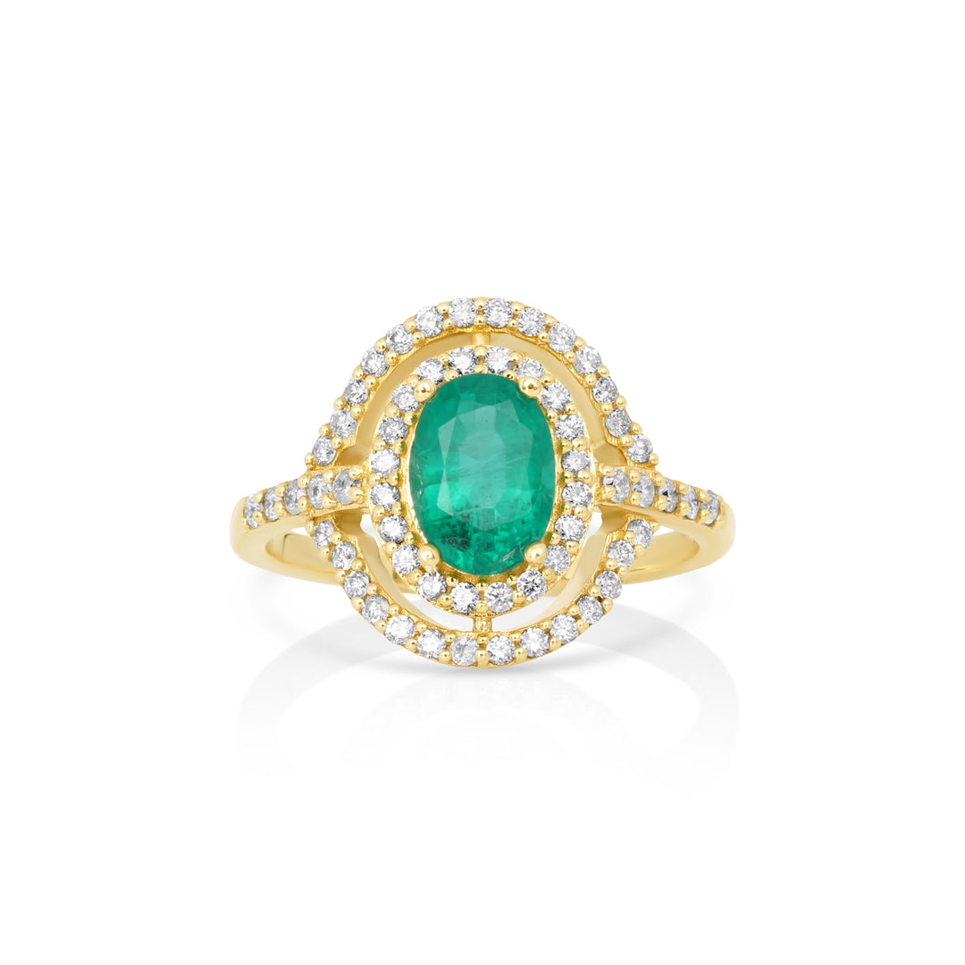 1.14 Cts Emerald and White Diamond Ring in 14K Yellow Gold