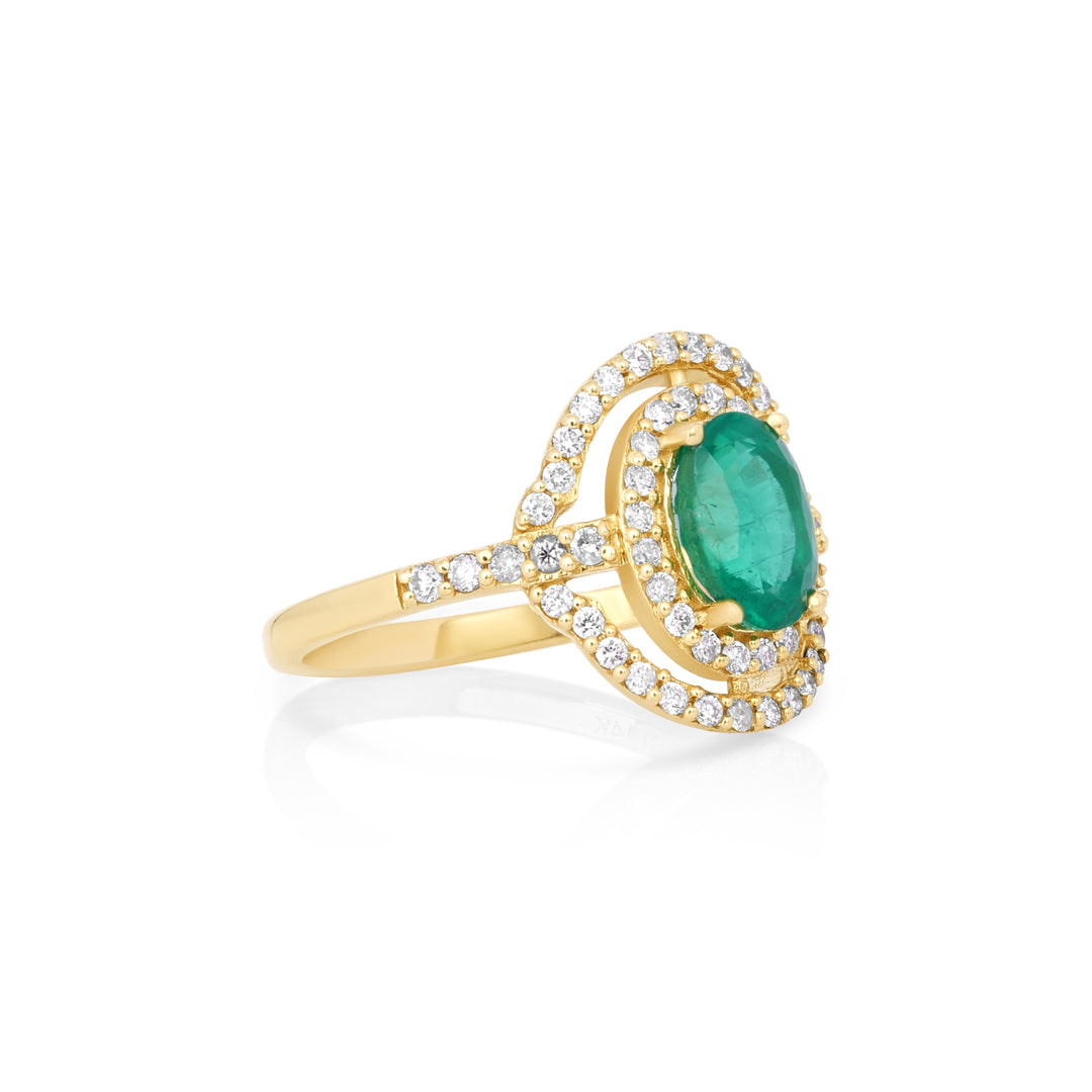1.14 Cts Emerald and White Diamond Ring in 14K Yellow Gold