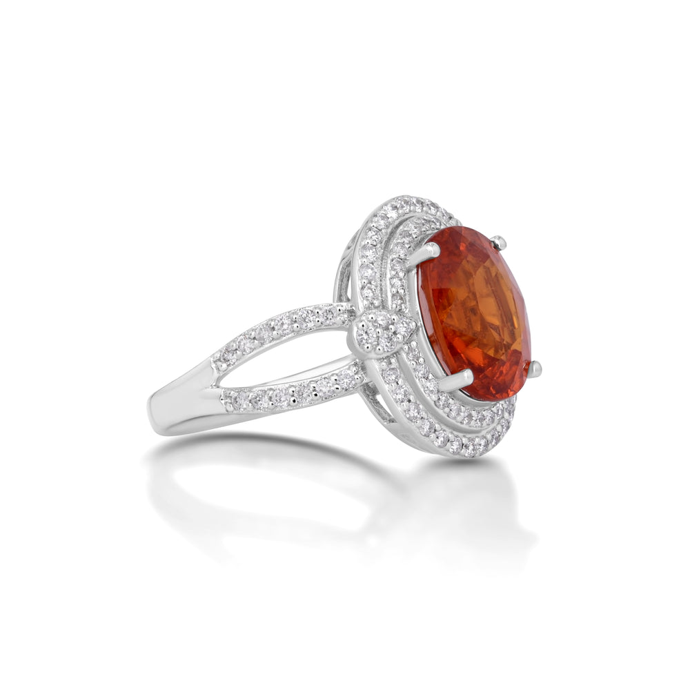 5.16 Cts Spessartite and White Diamond Ring in 14K White Gold