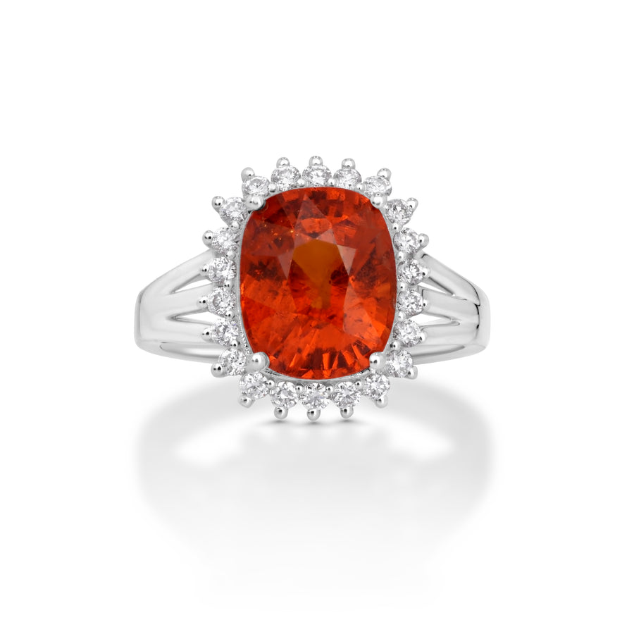 5.46 Cts Spessartite and White Diamond Ring in 14K White Gold