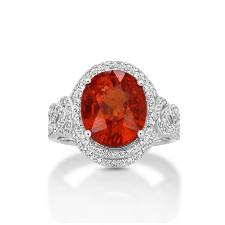 8.65 Cts Spessartite and White Diamond Ring in 14K White Gold