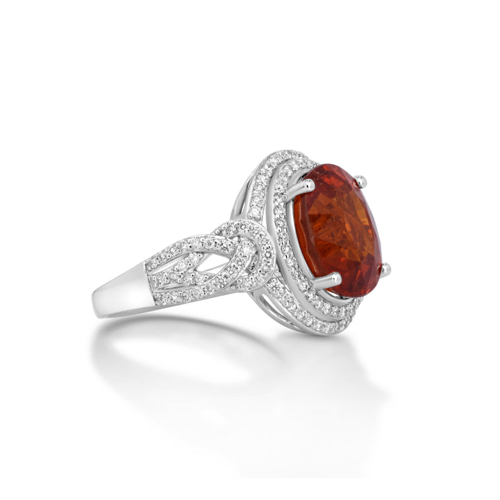 8.65 Cts Spessartite and White Diamond Ring in 14K White Gold