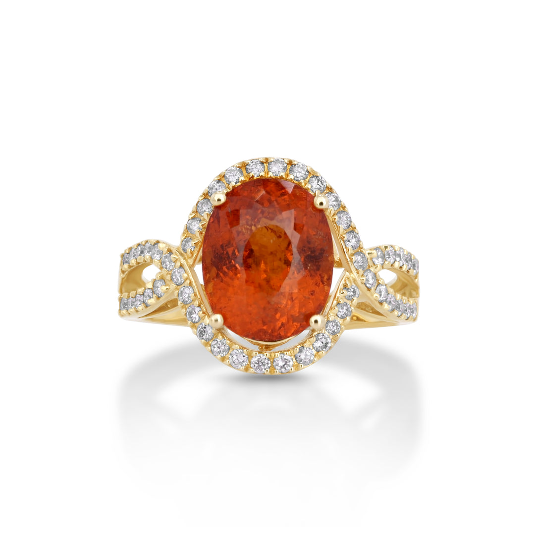 5.06 Cts Spessartite and White Diamond Ring in 14K Yellow Gold