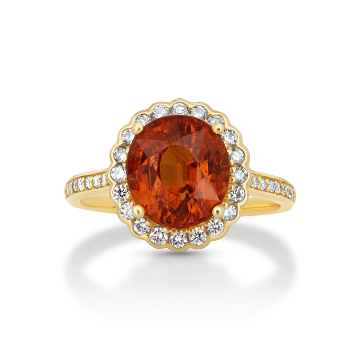 4.26 Cts Spessartite and White Diamond Ring in 14K Yellow Gold