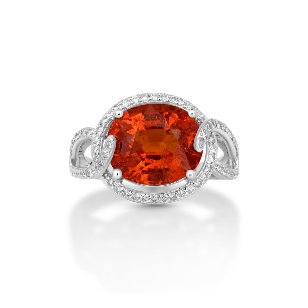 6.89 Cts Spessartite and White Diamond Ring in 14K White Gold