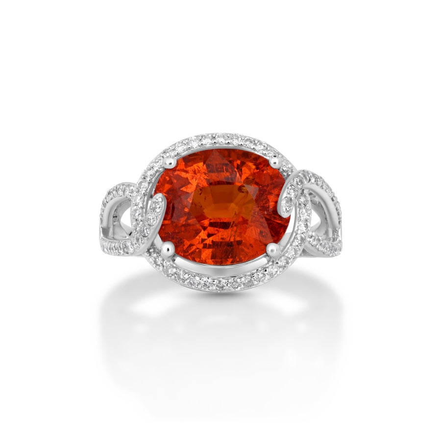 6.89 Cts Spessartite and White Diamond Ring in 14K White Gold