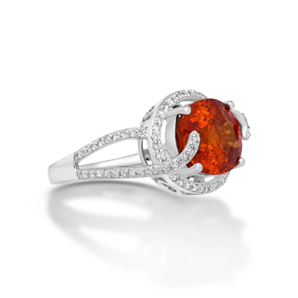 6.89 Cts Spessartite and White Diamond Ring in 14K White Gold