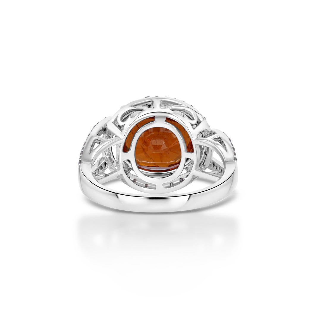 6.89 Cts Spessartite and White Diamond Ring in 14K White Gold