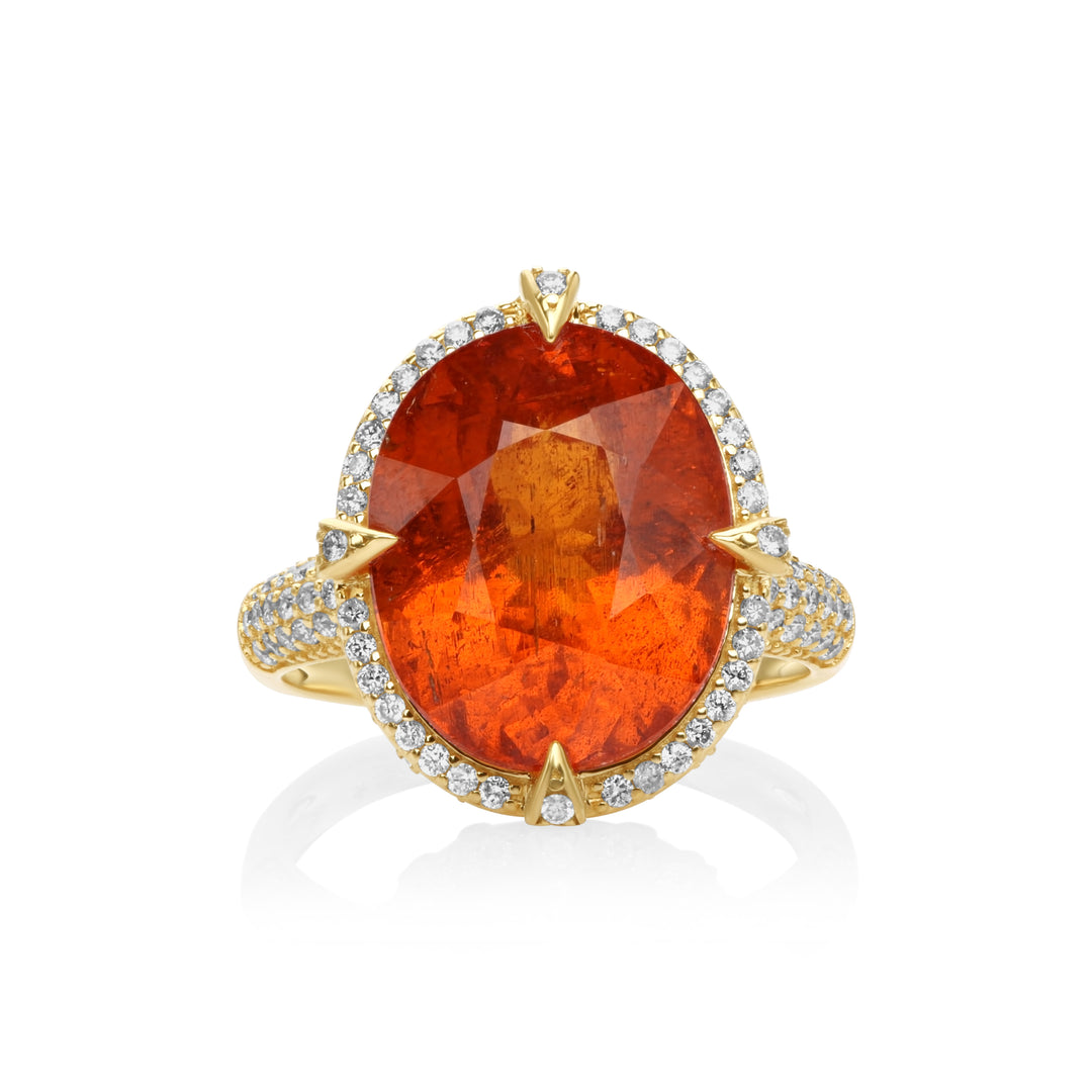 14.3 Cts Spessartite and White Diamond Ring in 18K Yellow Gold