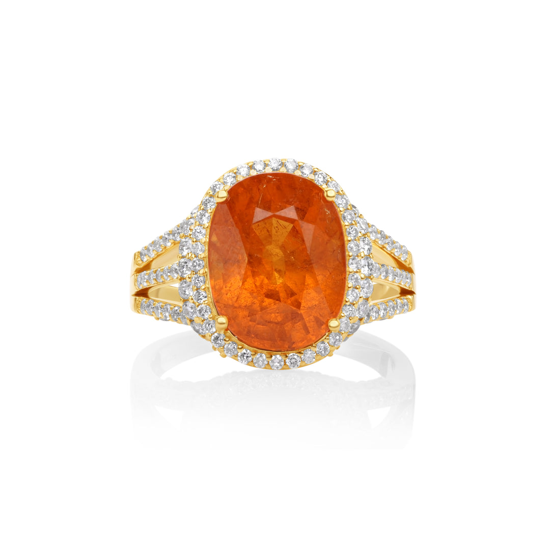 9.34 Cts Spessartite and White Diamond Ring in 14K Yellow Gold