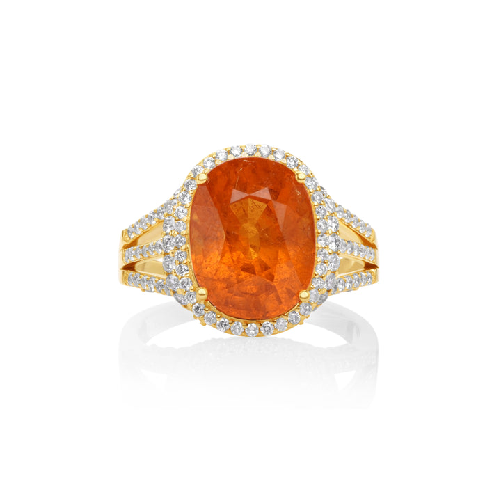 9.34 Cts Spessartite and White Diamond Ring in 14K Yellow Gold