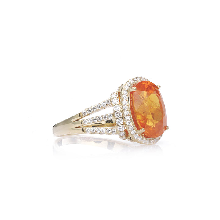 9.34 Cts Spessartite and White Diamond Ring in 14K Yellow Gold