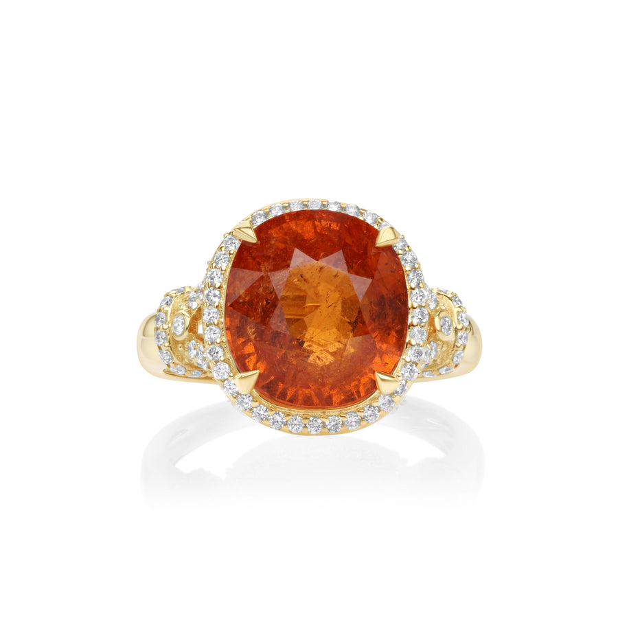 10.2 Cts Spessartite and White Diamond Ring in 14K Yellow Gold
