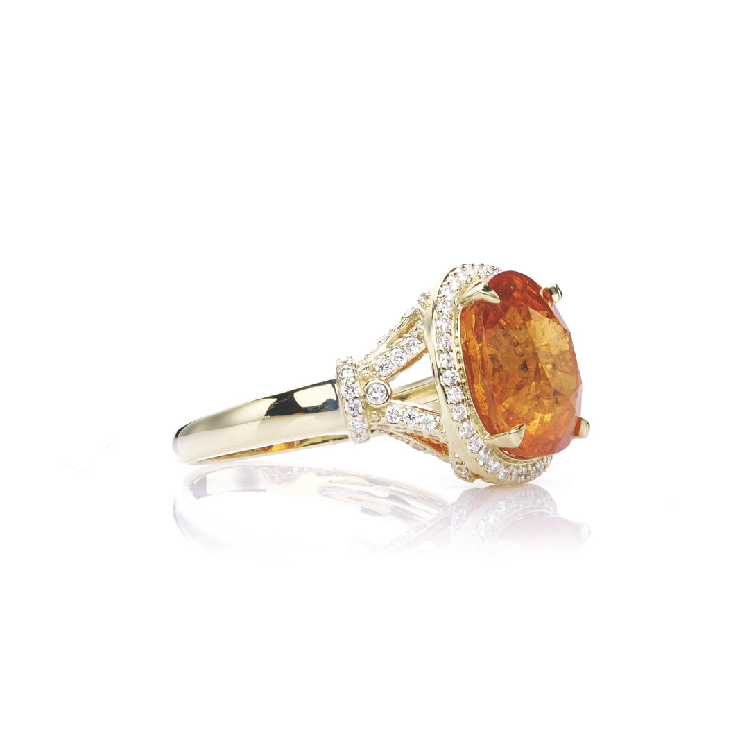10.2 Cts Spessartite and White Diamond Ring in 14K Yellow Gold