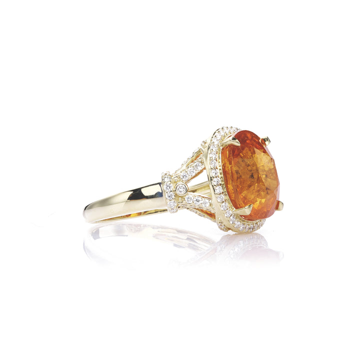 10.2 Cts Spessartite and White Diamond Ring in 14K Yellow Gold