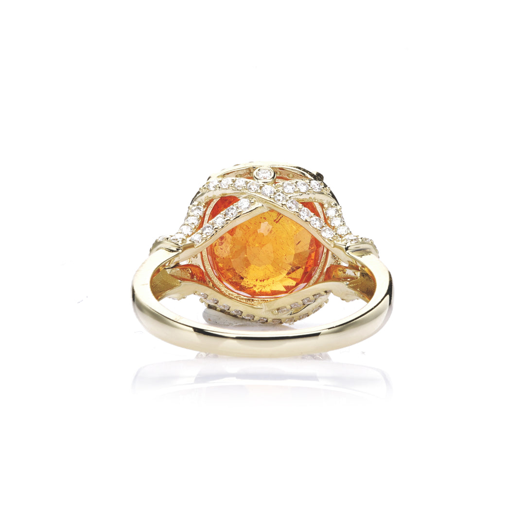 10.2 Cts Spessartite and White Diamond Ring in 14K Yellow Gold
