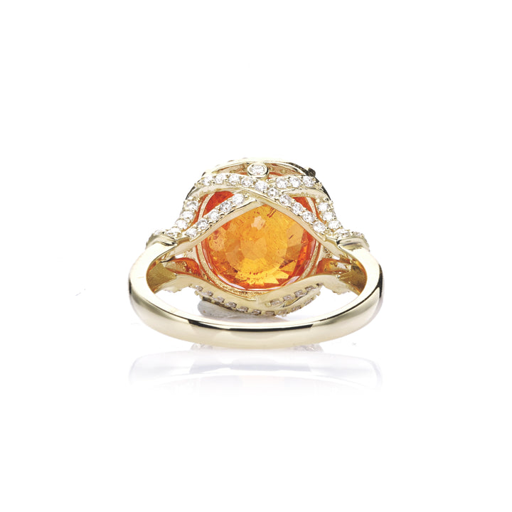10.2 Cts Spessartite and White Diamond Ring in 14K Yellow Gold