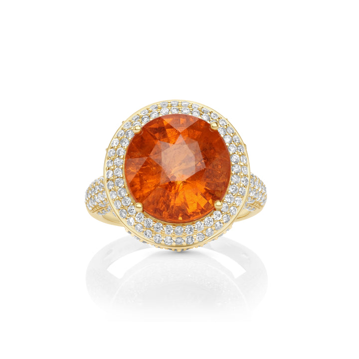 11.4 Cts Spessartite and White Diamond Ring in 14K Yellow Gold
