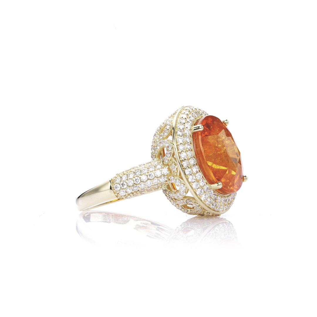 11.4 Cts Spessartite and White Diamond Ring in 14K Yellow Gold
