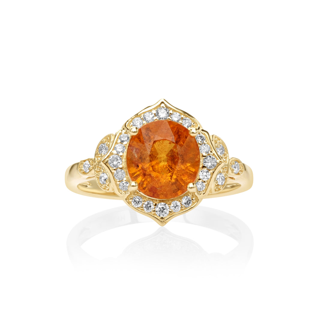 3.35 Cts Spessartite and White Diamond Ring in 14K Yellow Gold
