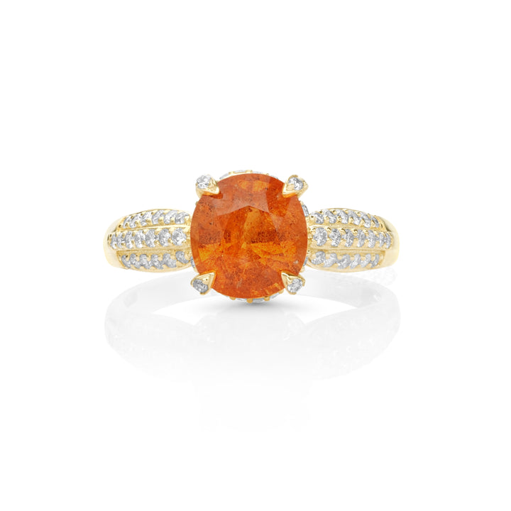 3.05 Cts Spessartite and White Diamond Ring in 14K Yellow Gold