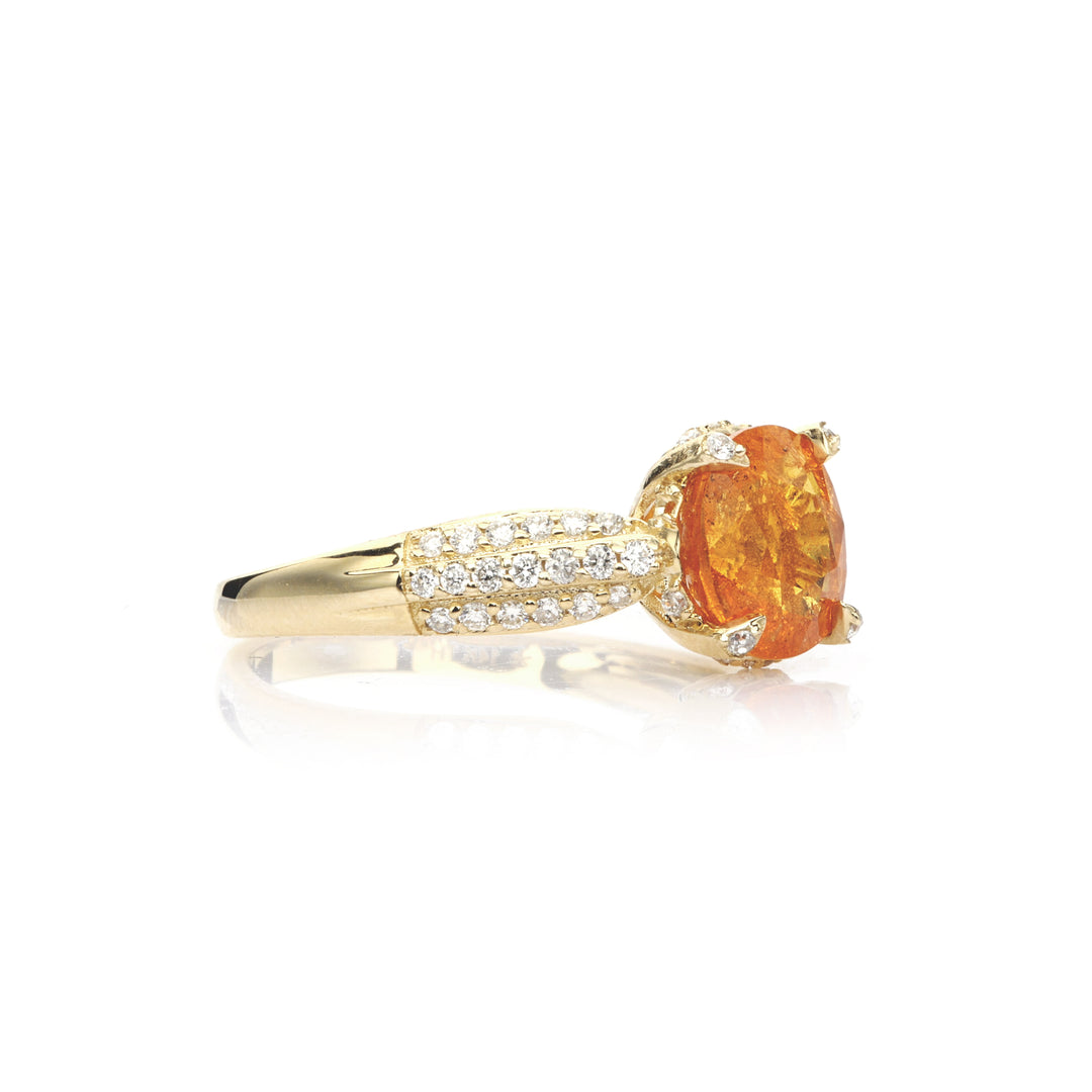 3.05 Cts Spessartite and White Diamond Ring in 14K Yellow Gold