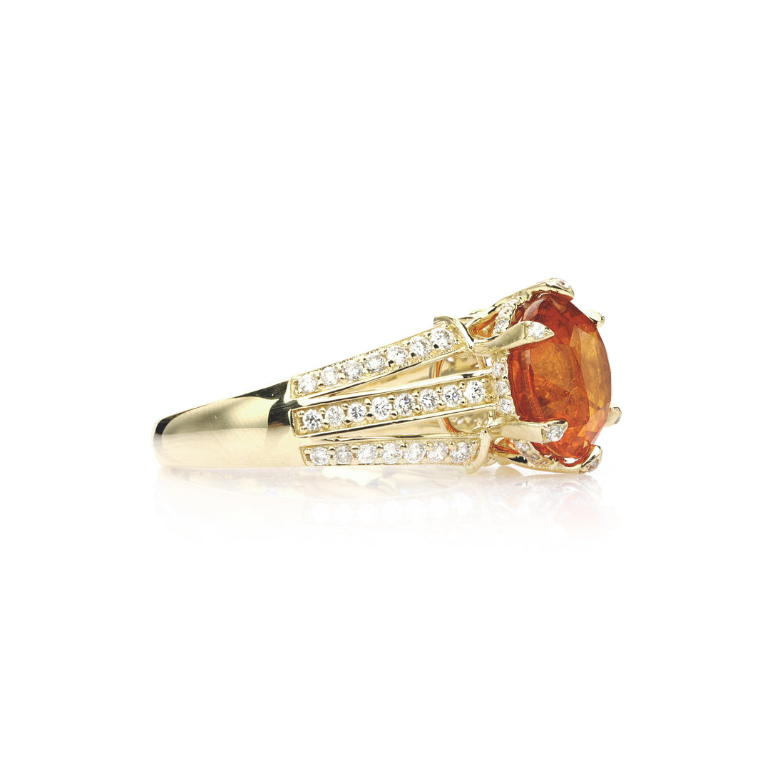 4.16 Cts Spessartite and White Diamond RIng in 14K Yellow Gold