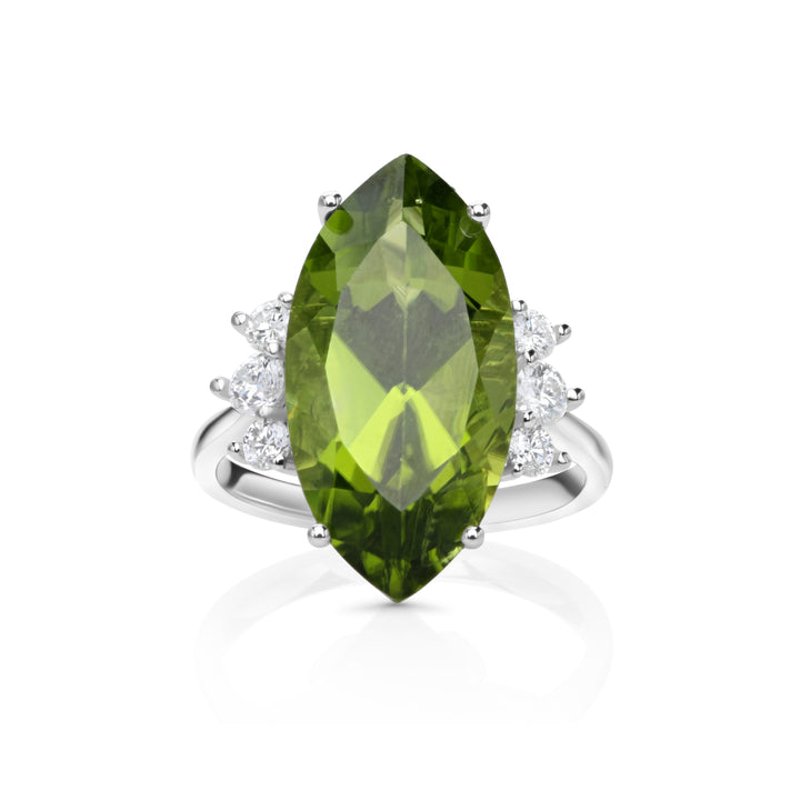 11.95 Cts Peridot and White Diamond Ring in 14K White Gold