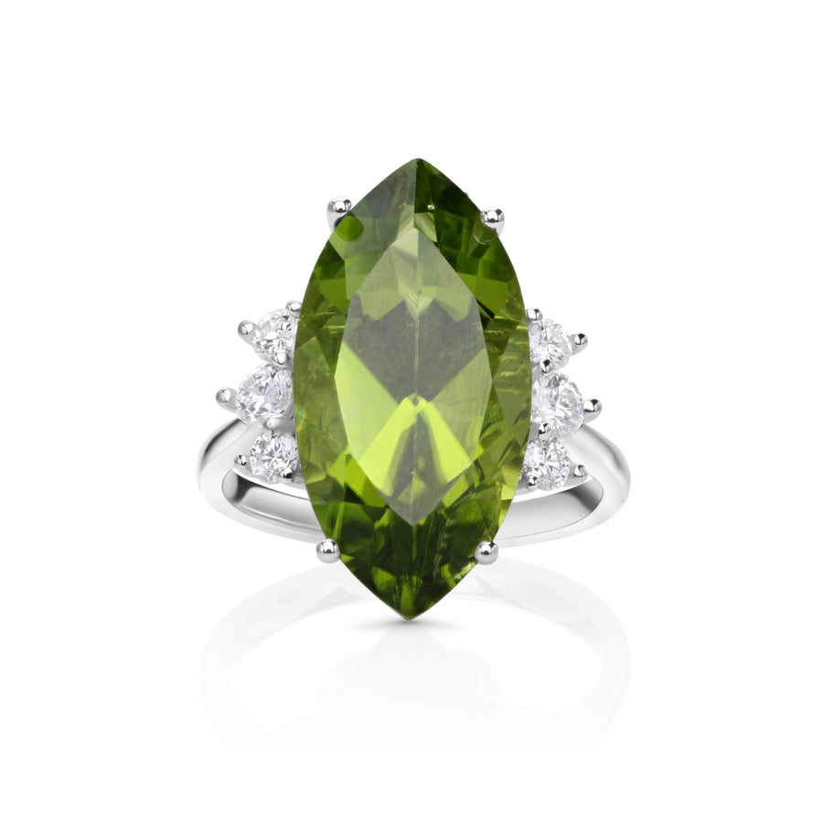 11.95 Cts Peridot and White Diamond Ring in 14K White Gold