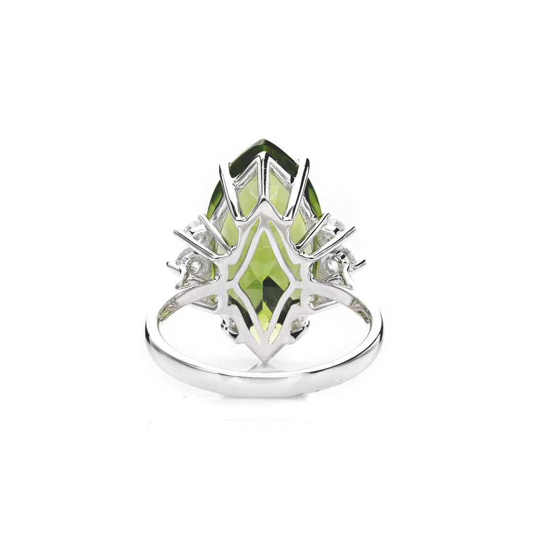 11.95 Cts Peridot and White Diamond Ring in 14K White Gold